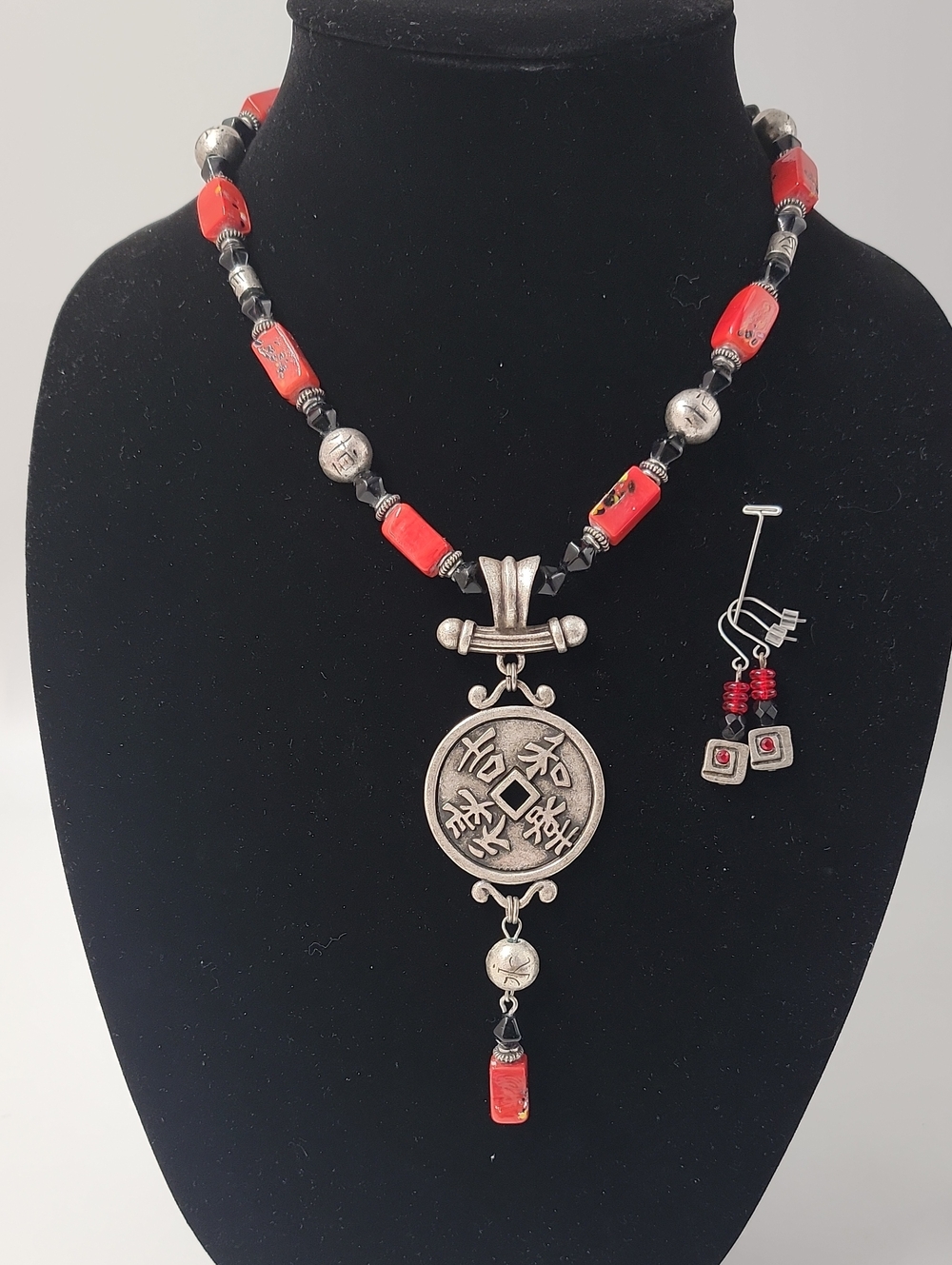 Coldwater Creek Red Asian Necklace with Tassel and Earrings